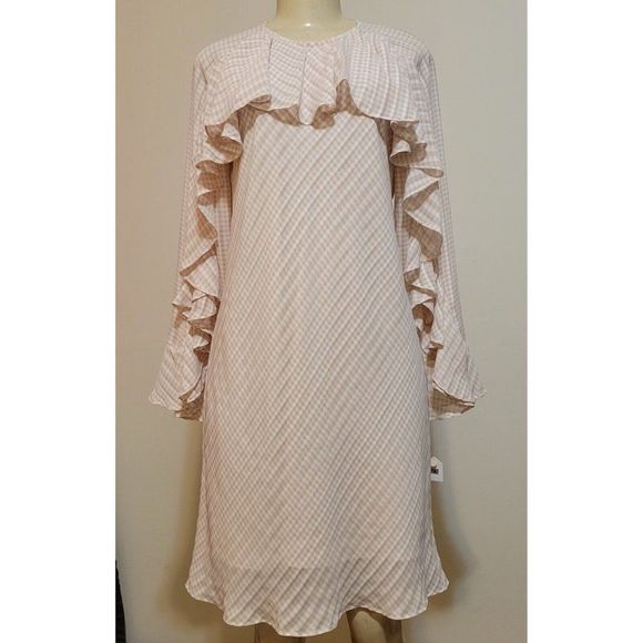 Donna Morgan Dresses & Skirts - ANTHROPOLOGIE  Donna Morgan  Beige Plaid Long Sleeve Ruffles   Dress Size 4 #974
